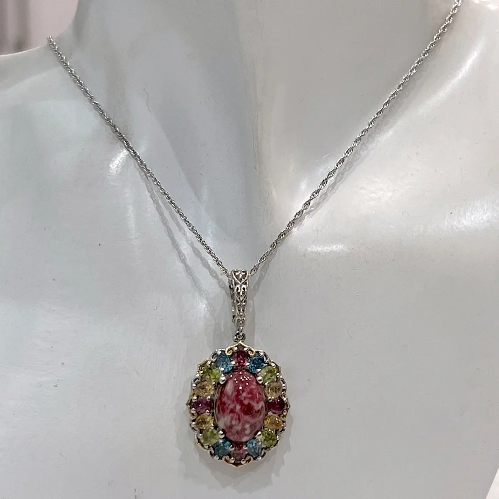 Norwegian Thulite Multigemstone 14K YG Sterling Silver Pendant 20” Necklace